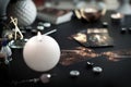 Blurred esoteric magic objects tarot cards on witch table altar