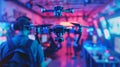 Blurred figures move around a defocused drone in the background showcasing the latest advancements in technology and the