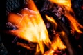 Blurred fire flames in abstract image. Extreme closeup of open fire flames. Barbecue fire preparing in the outdoors. Burning wood