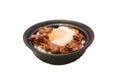 Blurred Food, Japanese Gyudon or sliced beef cooked with sauce on rice and Onsen egg isolated on white background 181225 0010 Royalty Free Stock Photo