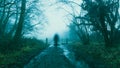 A blurred, ghostly, transparent figure, on a muddy, woodland path. On a foggy, spooky, winters day