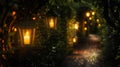 The blurred glow of flickering lanterns guiding the way through the twisted paths of the lamplit maze. Royalty Free Stock Photo