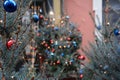 Blurred golden garland on Christmas tree, defocused background. Christmas abstract Royalty Free Stock Photo