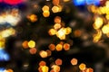 Blurred golden lights abstract background in the night, defocused dark glowing bokeh backdrop, magical yellow illuminated sparkle Royalty Free Stock Photo