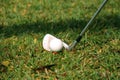 Blurred golf club and golf ball close up in grass field with sunset. Golf ball close up in golf coures Royalty Free Stock Photo