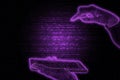 Blurred hand holding phone and hand pointing to space in futuristic purple neon background with matrix binary code