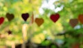 Blurred hanging hearts with forrest background