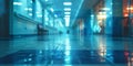 Blurred hospital interior, space for text on blue background. Generative AI Royalty Free Stock Photo
