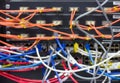 Blurred image Cable management inserver room A bad case of cable spaghetti, The worst cable mess Royalty Free Stock Photo