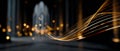A blurred image of a cathedral with golden lines flowing through it, creating an abstract effect. The background is dark and out Royalty Free Stock Photo