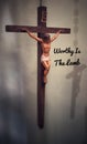 Blurred image of Christ the Lord on the Cross with text - Worthy Is The Lamb. Royalty Free Stock Photo