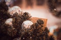 Blurred image of Christmas Decorations In Christmas Tree with copy space of blur light boken and people background. vintage tone Royalty Free Stock Photo