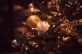 Blurred image of Christmas Decorations In Christmas Tree with copy space of blur light boken and people background. vintage tone Royalty Free Stock Photo