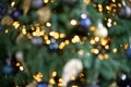 Blurred image of colorful baubles, glowing Christmas lights and gifts under Christmas tree. Abstract New Year background Royalty Free Stock Photo