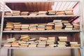 blurred Image many old books on bookshelf in library. Royalty Free Stock Photo