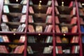 blurred Image many old books on bookshelf in library.