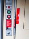 Blurred image, Moscow, Russia . Emergency door opening system with instructions how to open in an emergency, in Russian and Royalty Free Stock Photo