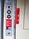 Blurred image of Moscow, Russia .Emergency door opening system with instructions how to open in an emergency, in Russian and Royalty Free Stock Photo