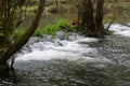 Blurred image of the movement of water in a beautiful forest river with a waterfall Royalty Free Stock Photo