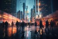 Blurred image of people moving in crowded night city street with sopping malls. Generative AI