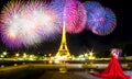 Blurred Image, Romantic eiffel tower in paris with blurred couple ask marry with colorful fireworks in background, Eiffel Tower