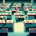 Blurred image of a school classroom with tables and chairs. Education concept AI Generated Royalty Free Stock Photo