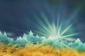 Blurred image of the star rising on an unknown planet in yellow-blue tones in space, abstract illustration. Royalty Free Stock Photo