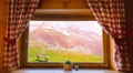 Blurred image, window house red curtain with the mountain view in sunset nature landscape background Royalty Free Stock Photo