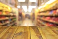 Blurred image wood table and abstract generic supermarket people