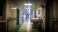 Blurred Interior of a hospital corridor with empty beds and medical equipment. Royalty Free Stock Photo