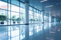 Blurred interior perspective: Glass entrance doors frame the view of empty office lobby. Royalty Free Stock Photo