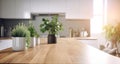 Blurred interior of a white modern kitchen with window, wooden countertop with a green plants Royalty Free Stock Photo