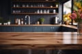 Blurred kitchen room complements the wooden table in a modern interior Royalty Free Stock Photo