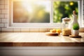 Blurred kitchen window sill background and vintage wooden table space Royalty Free Stock Photo