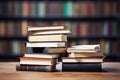 Books on the table in the middle of the library, knowledge and reading themed. Generative ai Royalty Free Stock Photo