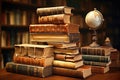 Library background with old books stacked on table, knowledge and reading theme. Generative ai Royalty Free Stock Photo