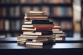 Library background with stacked books on table, knowledge and reading themed. Generative ai Royalty Free Stock Photo