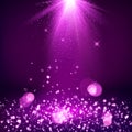 Blurred lights bokeh. Light rays and golden falling glittering dust. Magic background. Shiny spotlight or scene. Vector