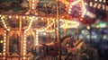 Blurred lights from a carnivals vintage carousel set against a backdrop of old photographs and cherished trinkets evokes