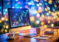 Blurred Lights Highlight a Dynamic Tech Finance Digital Marketing Workspace Packed with Data and Opportunities Royalty Free Stock Photo