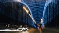 Blurred lights of night decorative lighting on bridge Royalty Free Stock Photo