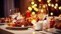 Blurred lights and table served for christmas dinner party at home Royalty Free Stock Photo