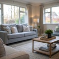 Blurred living room with grey sofas and coffee table Royalty Free Stock Photo