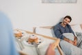 blurred man holding breakfast tray with Royalty Free Stock Photo