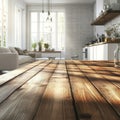 A blurred modern kitchen provides the backdrop for a rustic wooden tabletop Royalty Free Stock Photo