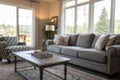 Blurred modern living room with grey sofas Royalty Free Stock Photo