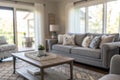 Blurred modern living room with grey sofas Royalty Free Stock Photo