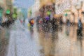Blurred motion abstract background. Raindrops on window glass. Cloudy evening in a modern city, people walk in the street. Concept Royalty Free Stock Photo
