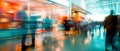 Blurred motion of attendees walking past a vibrant business expo booth at an international convention center Royalty Free Stock Photo