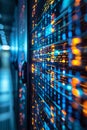 Blurred Motion Of Binary Codes Running On Server Racks, Big Data Concept. Digital Transformation Royalty Free Stock Photo